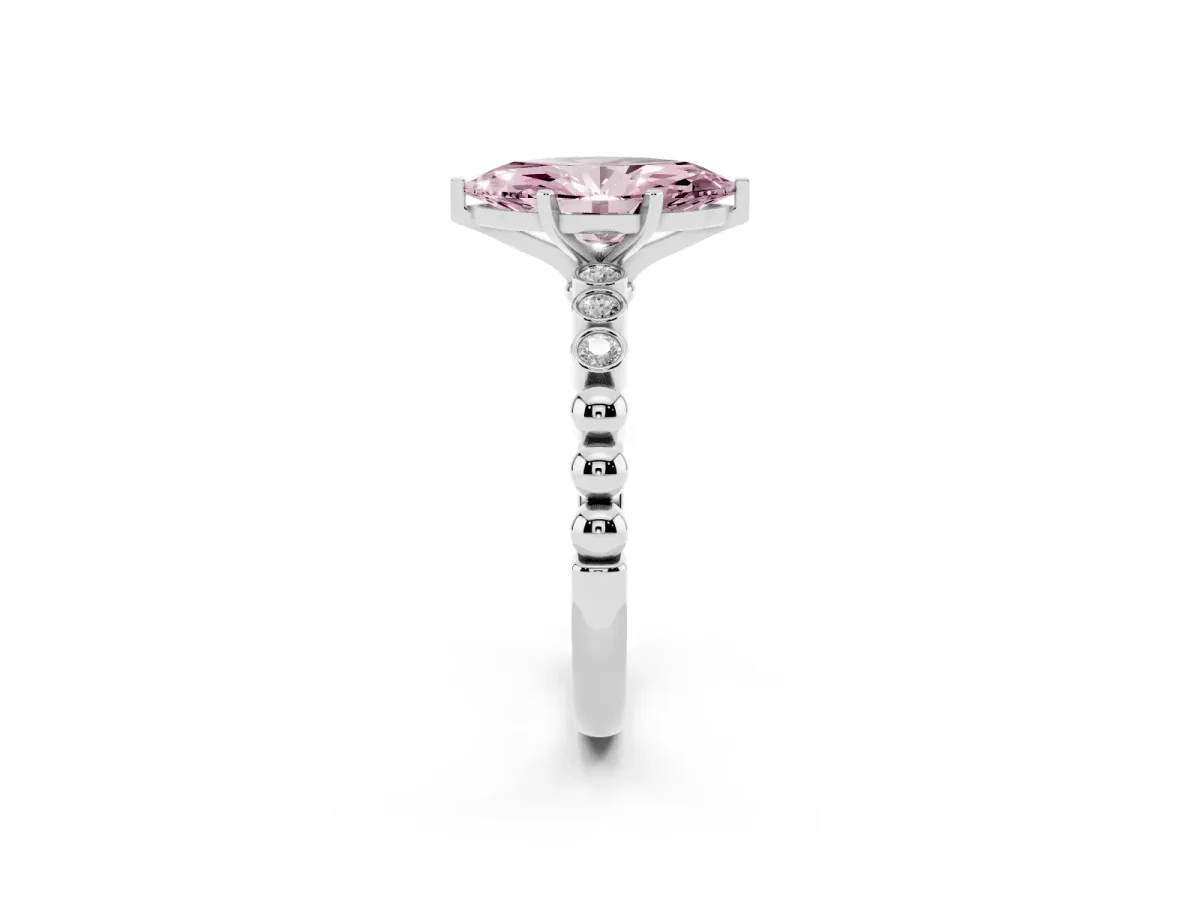 Fancy Pink Marquise Cut Solitaire Bezel Accent Diamond Engagement Ring with Beaded Band and Four-Prong Setting Platinum