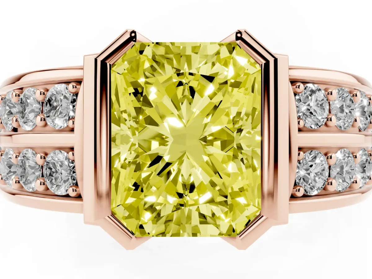 Fancy Yellow Radiant Cut Brilliant Diamond Channel Set Wide Band Ring with Bezel Setting Rose gold