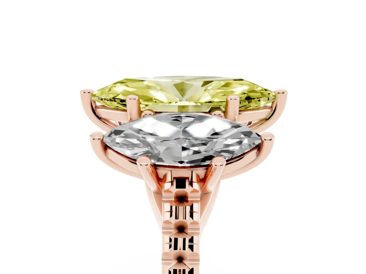 Fancy Yellow Three-Stone Marquise Cut Diamond Ring with Round Pavé Band and Prong Setting Rose gold
