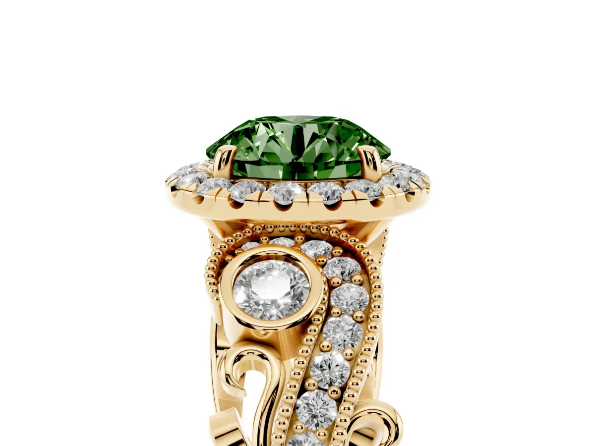 Fancy Green Round Cut Halo Diamond Ring with Milgrain and Bezel Accents on a Split Shank Band Yellow gold