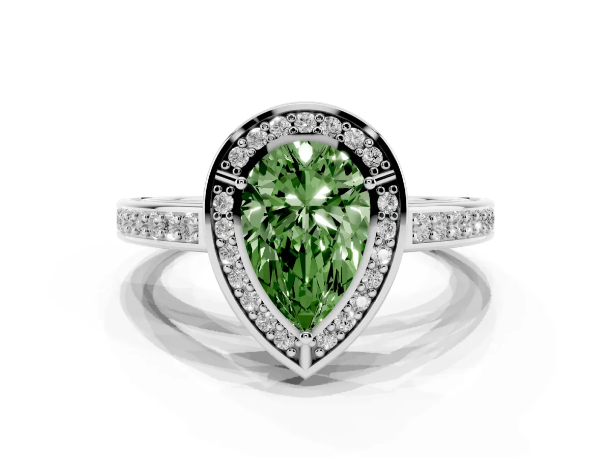 Fancy Green Pear Cut Cut Halo Pave Split Shank Prong Setting Ring Silver