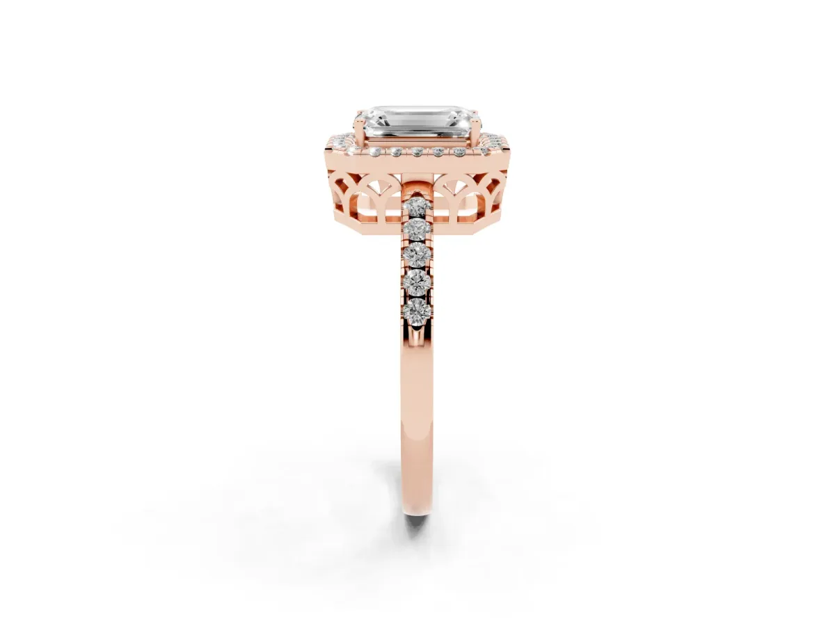 Emerald Cut Halo Diamond Engagement Ring with Pavé Band and Four-Prong Setting Rose gold