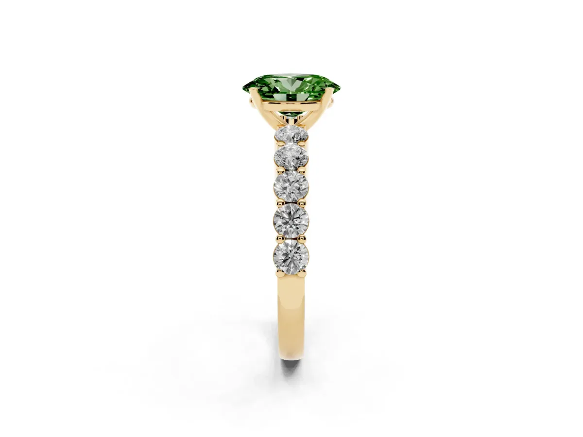Fancy Green Oval Cut Diamond Solitaire Ring with Shared Prong Round Side Stones Yellow gold