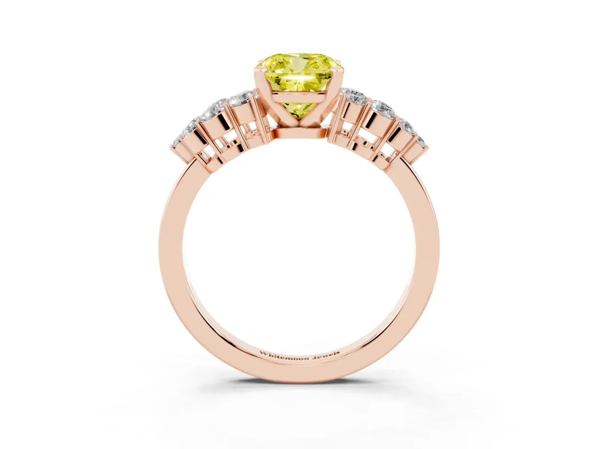 Fancy Yellow Cushion Cut Cluster Diamond Engagement Ring with Pavé Band and Four-Prong Setting Rose gold