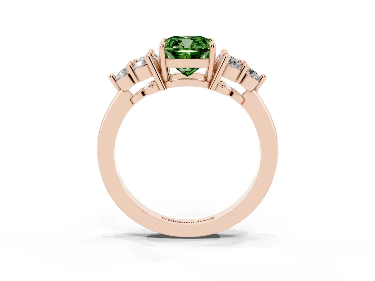 Fancy Green Cushion Cut Brilliant Diamond Cluster Accent Solitaire Ring with Prong Setting Rose gold