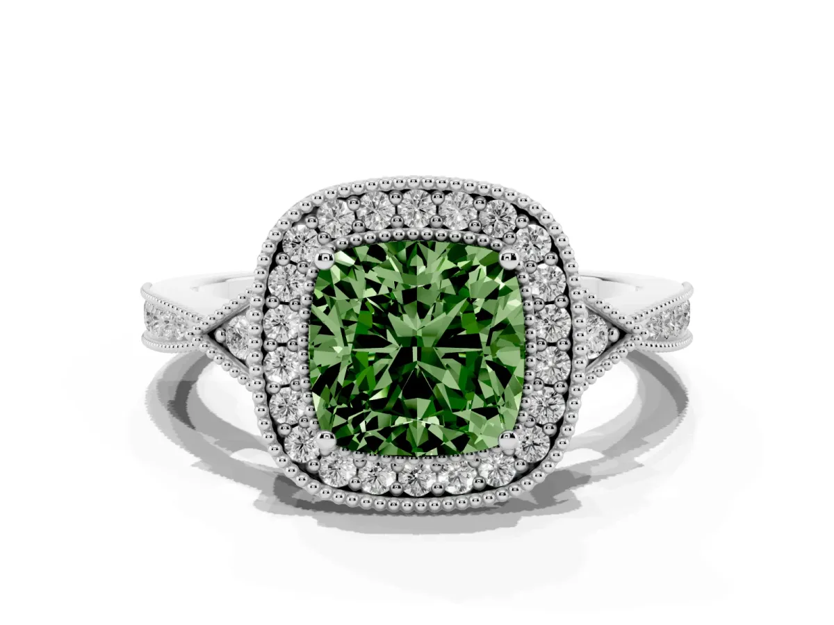 Fancy Green Cushion Cut Halo Round Diamond Milgrain Pave Engagement Ring Silver