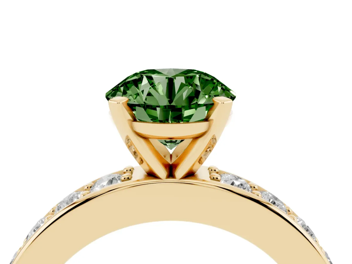 Fancy Green Round Cut Diamond Engagement Ring with Channel Set Round Band and Prong Setting Yellow gold