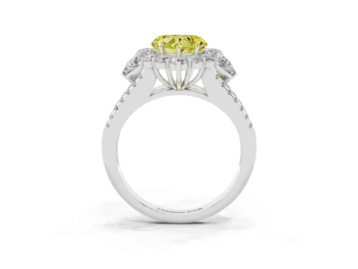 Fancy Yellow Heart Cut Halo Split Shank Diamond Engagement Ring with Prong Setting Silver