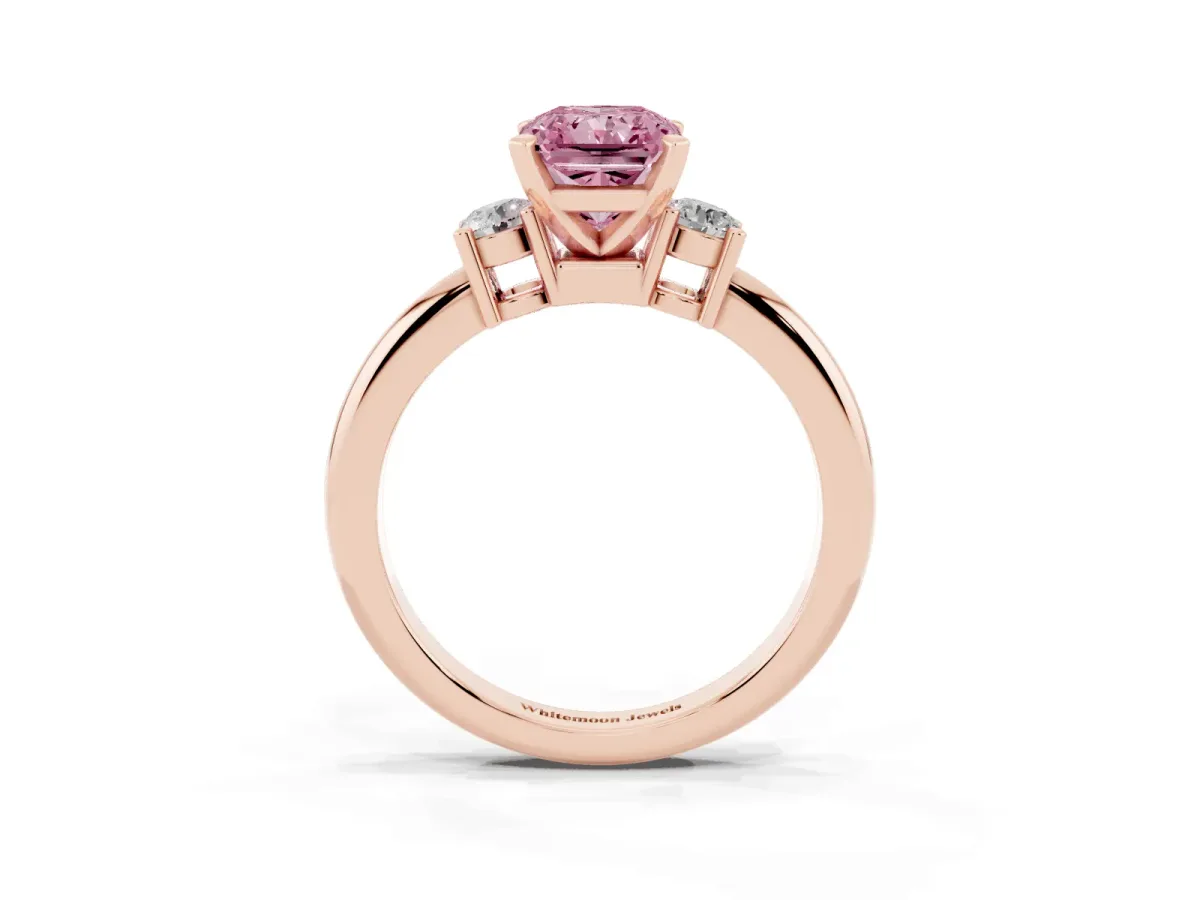 Fancy Pink Three-Stone Radiant Cut Cut Diamond Solitaire with Prong Setting and Classic Band Rose gold