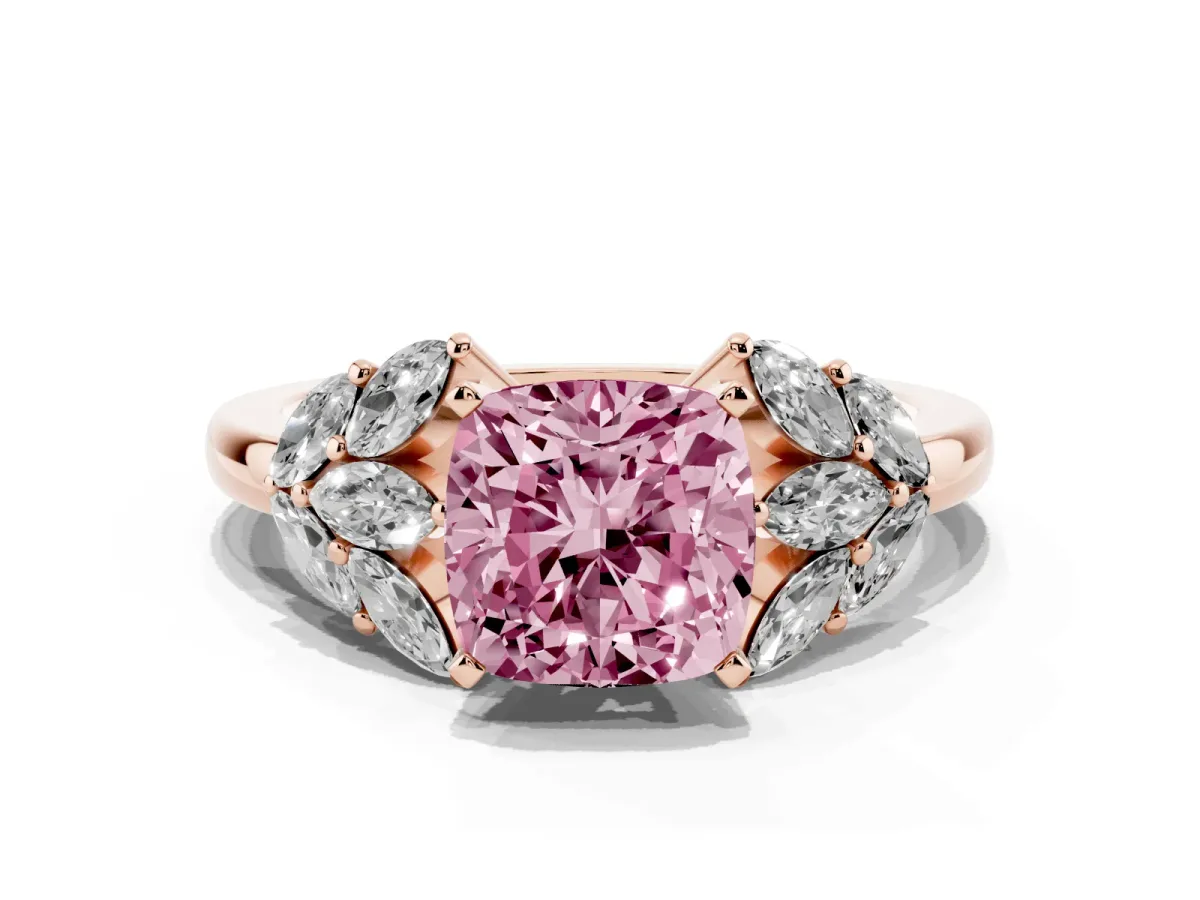 Fancy Pink Cushion Cut Diamond Cluster Leaf Design Ring with Prong Setting Rose gold