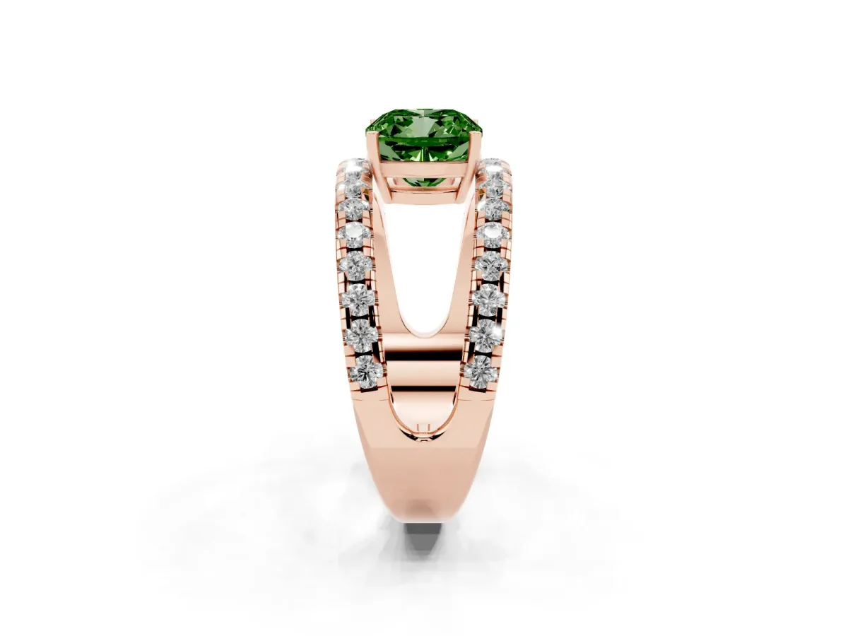 Fancy Green Cushion Cut Solitaire Split Shank Pave Diamond Ring Rose gold