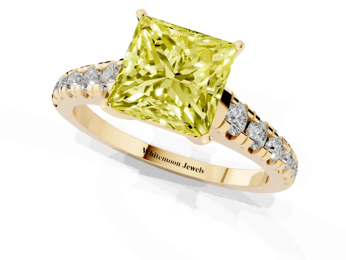 Fancy Yellow Princess Cut Diamond Cathedral Solitaire Ring with Round Pavé Band Yellow gold
