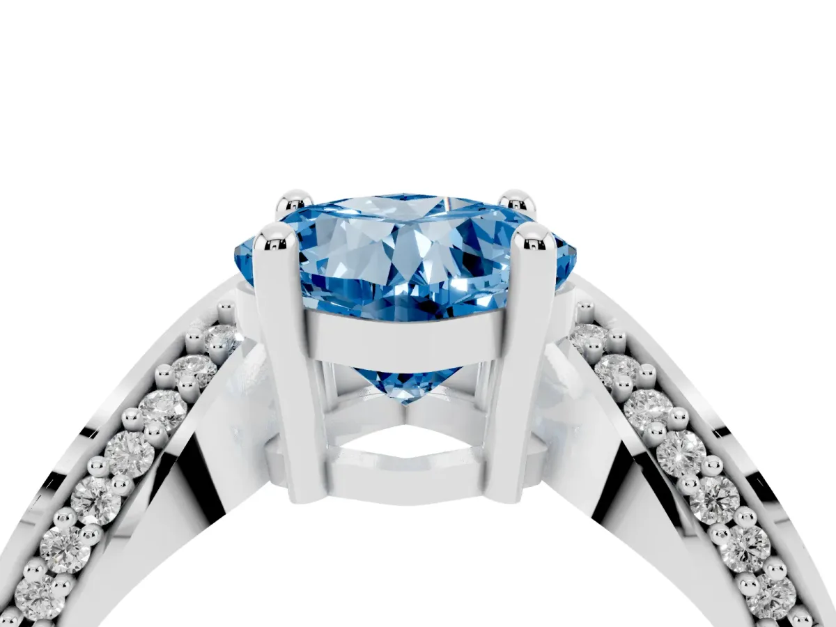 Fancy Blue Cushion Cut Solitaire Diamond Engagement Ring with Pave Band and Four-Prong Setting Platinum