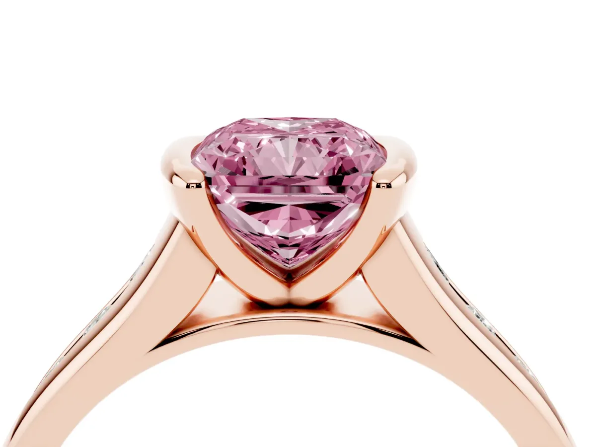 Fancy Pink Radiant Cut Solitaire Bezel-Set Diamond Ring with Channel-Set Band Rose gold
