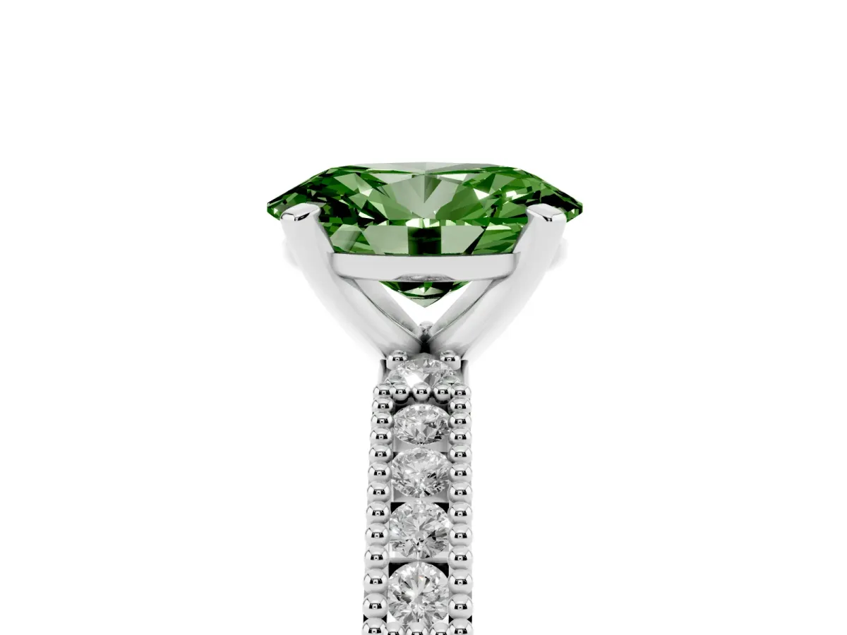 Fancy Green Oval Cut Solitaire with Pavé Band and Four-Prong Setting Silver