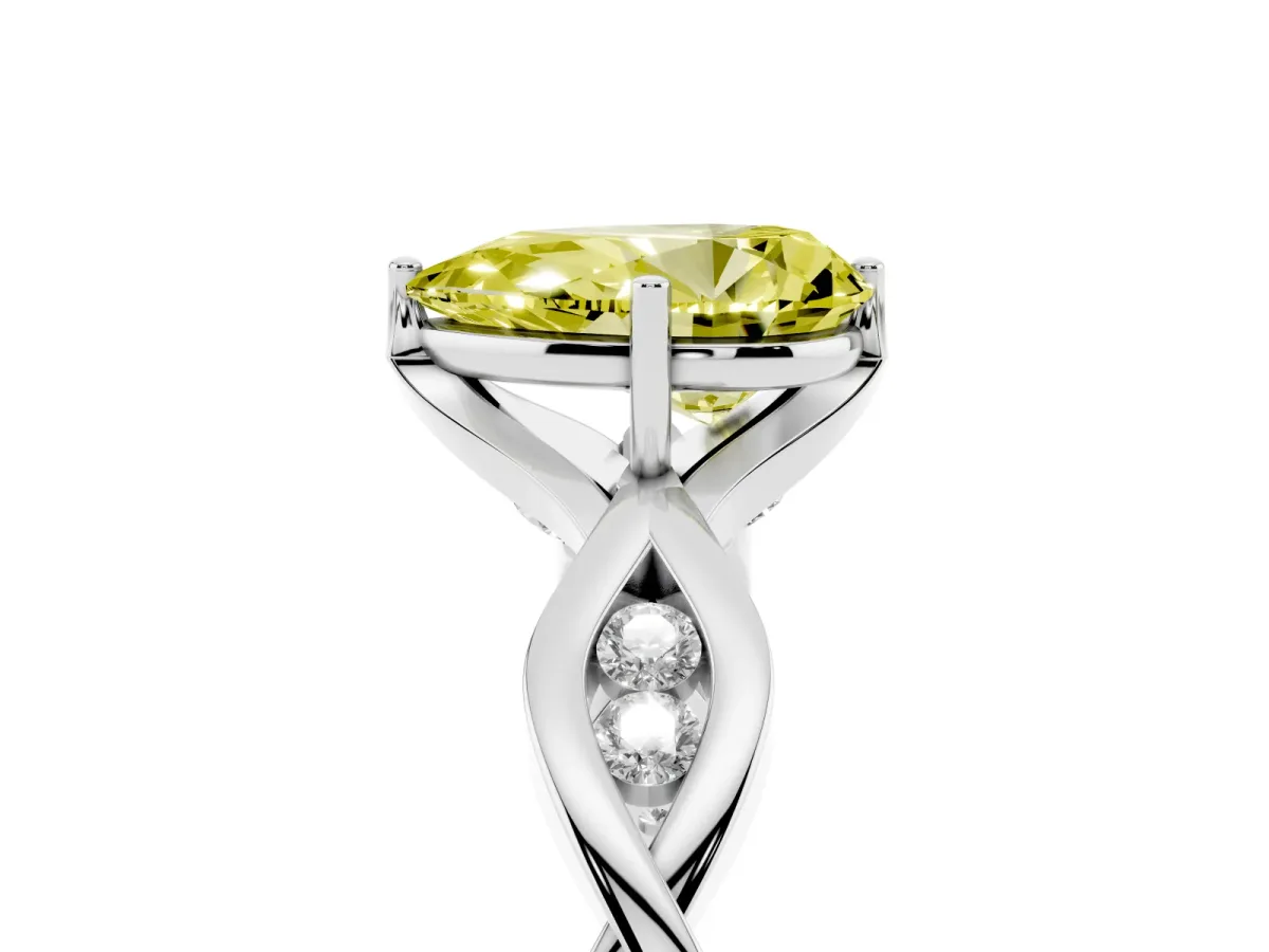Fancy Yellow Pear Cut Solitaire Twist Band with Leaf Prong Setting White gold