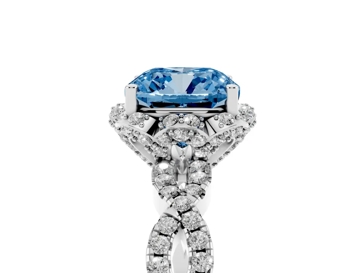 Fancy Blue Cushion Cut Halo Twist Band Solitaire Ring with Six-Prong Setting Silver