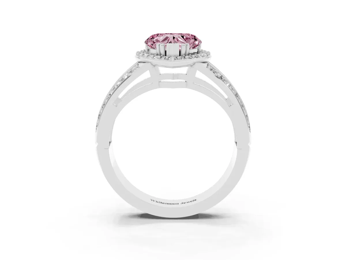 Fancy Pink Heart Cut Diamond Halo Ring with Split Shank Pavé Band and Four-Prong Setting Platinum