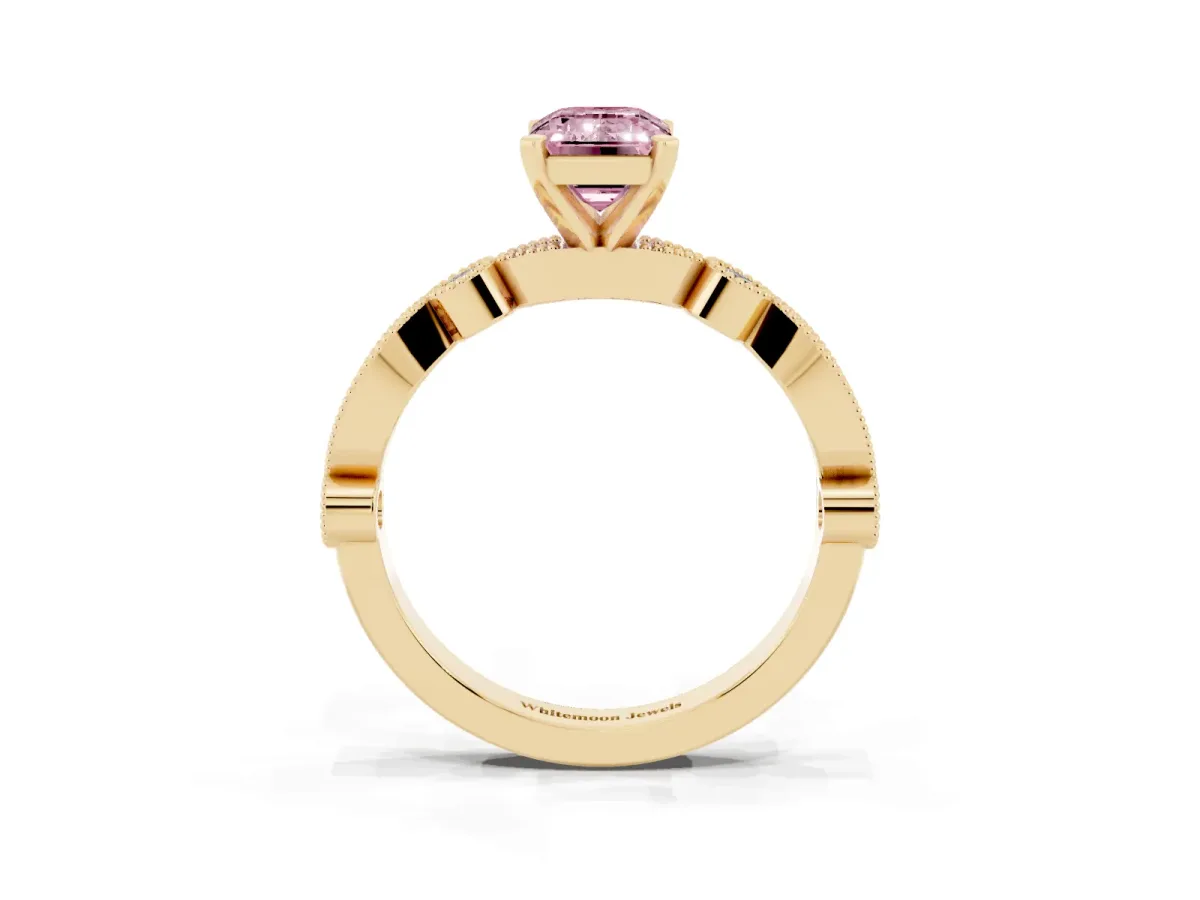 Fancy Pink Emerald Cut Milgrain Bezel Diamond Engagement Ring with Solitaire Prong Setting Yellow gold