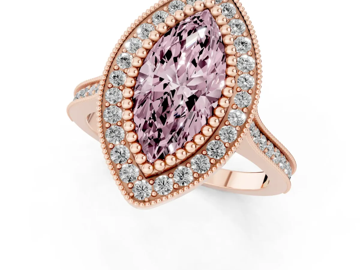 Fancy Pink Marquise Cut Diamond Halo Ring with Milgrain Frame and Pavé Band Rose gold
