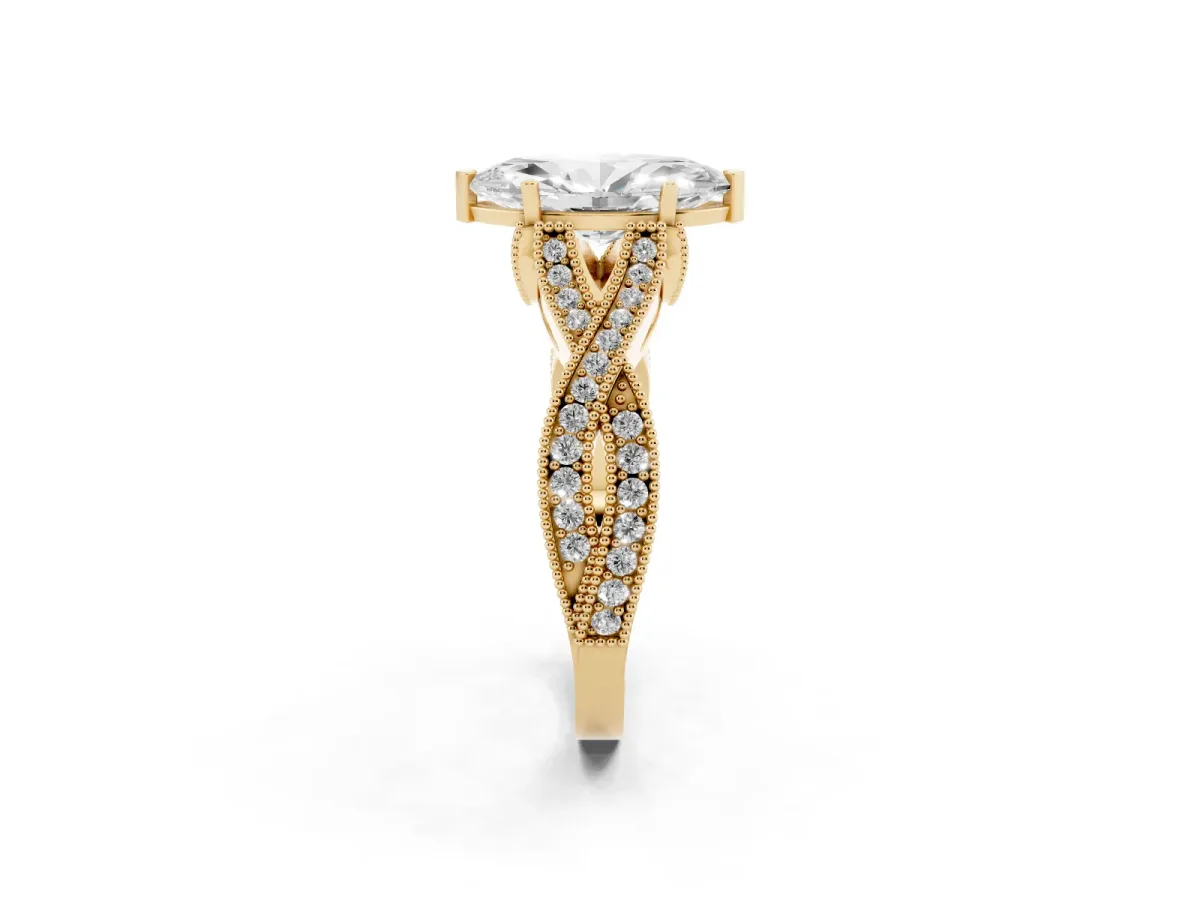 Marquise Cut Cut Diamond Twisted Band with Milgrain Pave Setting and Four-Prong Setting Yellow gold