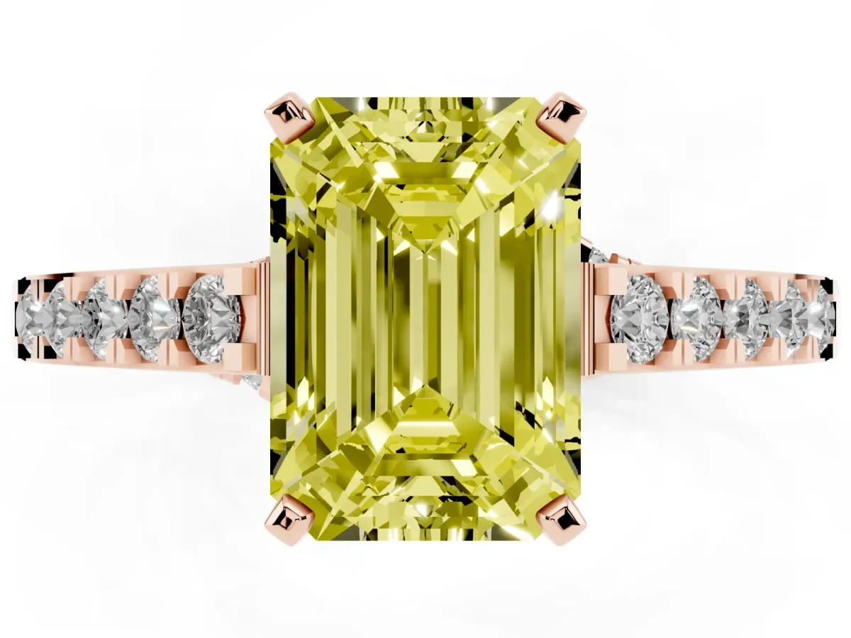 Fancy Yellow Emerald Cut Diamond Solitaire Ring with Crossover Gallery and Round Pavé Band Rose gold