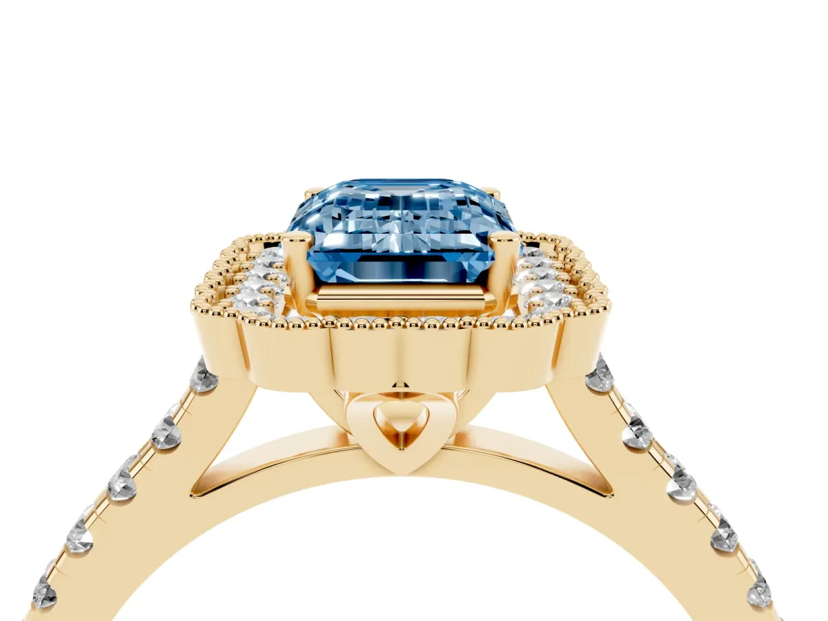 Fancy Blue Emerald Cut Cut Diamond Milgrain Floral Halo Engagement Ring with Pavé Band Yellow gold