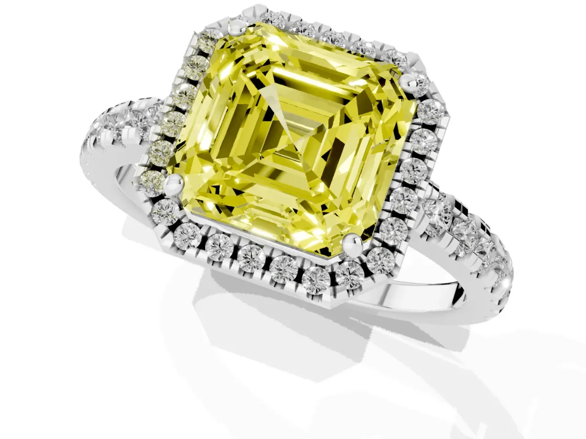 Fancy Yellow Asscher Cut Diamond Halo Ring with Pavé Band and Four-Prong Setting Platinum