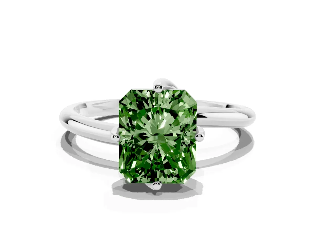 Fancy Green Radiant Cut Diamond Solitaire Engagement Ring with Four-Prong Setting and Classic Band Silver