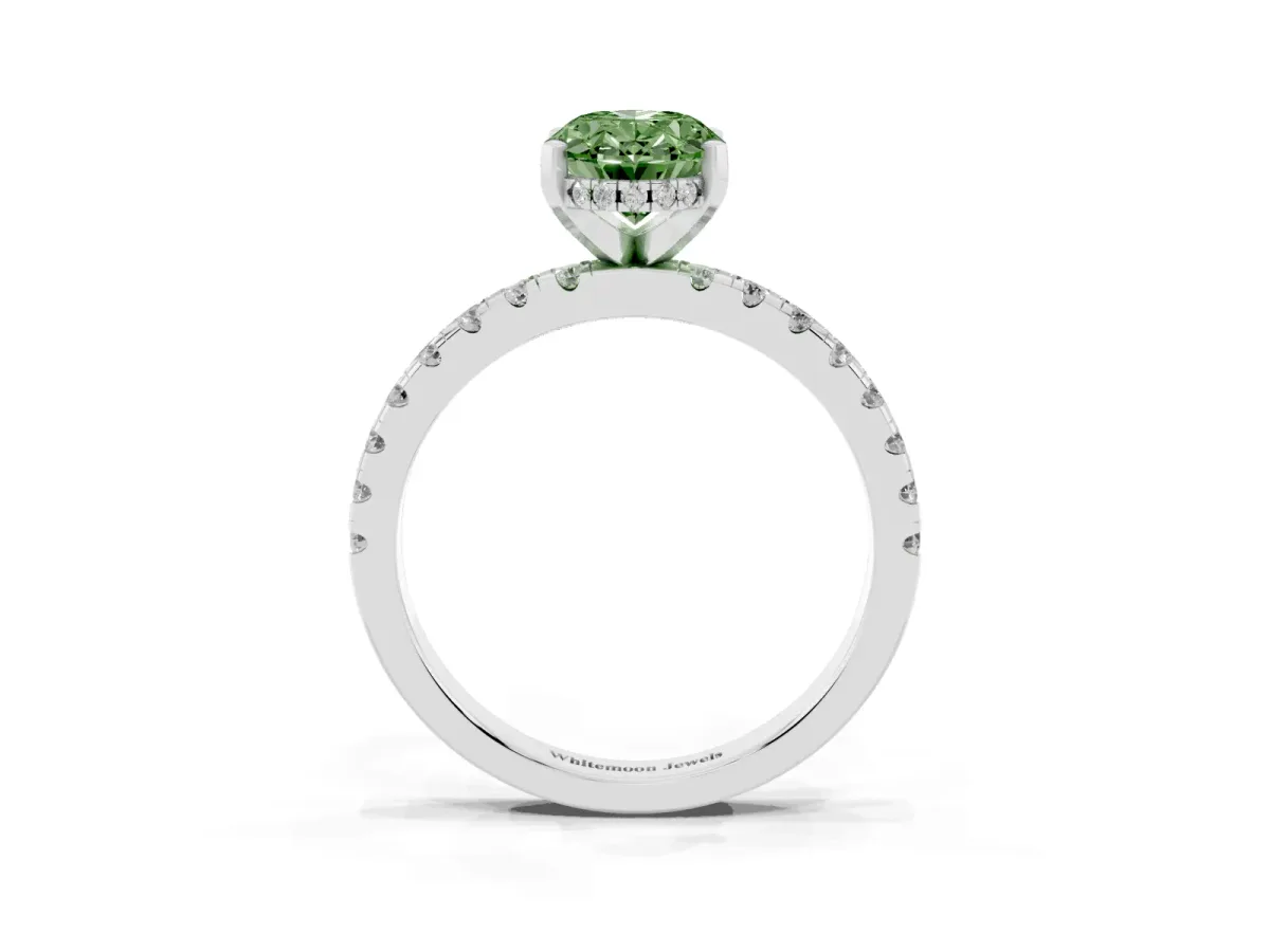 Fancy Green Oval Cut Diamond Solitaire Ring with Round Pavé Band and Four-Prong Setting Silver