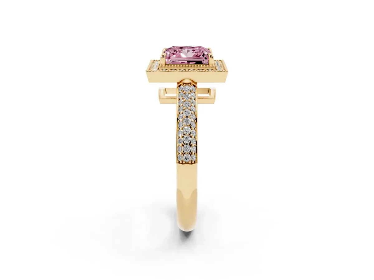 Fancy Pink Princess Cut Cut Halo Diamond Pave Band with Four-Prong Setting Yellow gold
