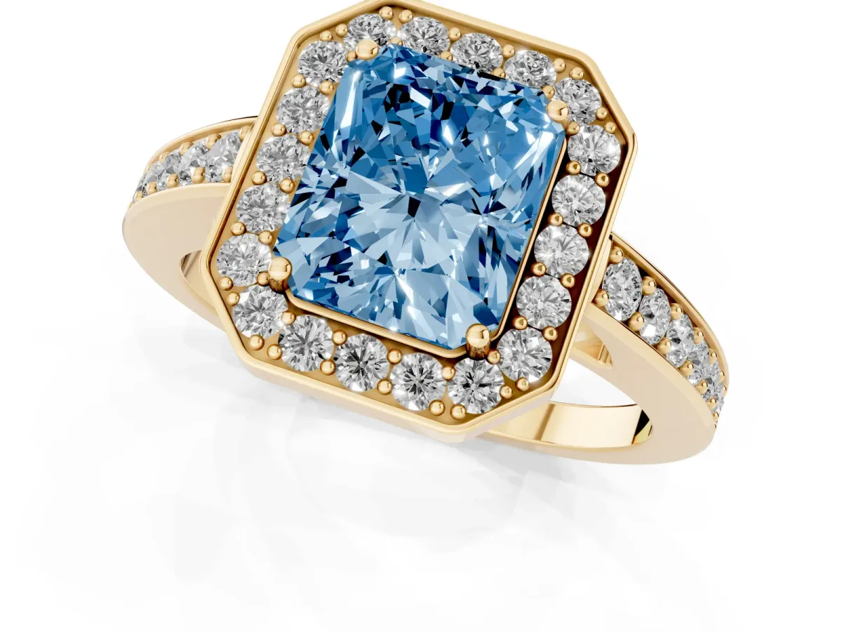Fancy Blue Radiant Cut Halo Pavé Diamond Engagement Ring with Bezel Setting Yellow gold