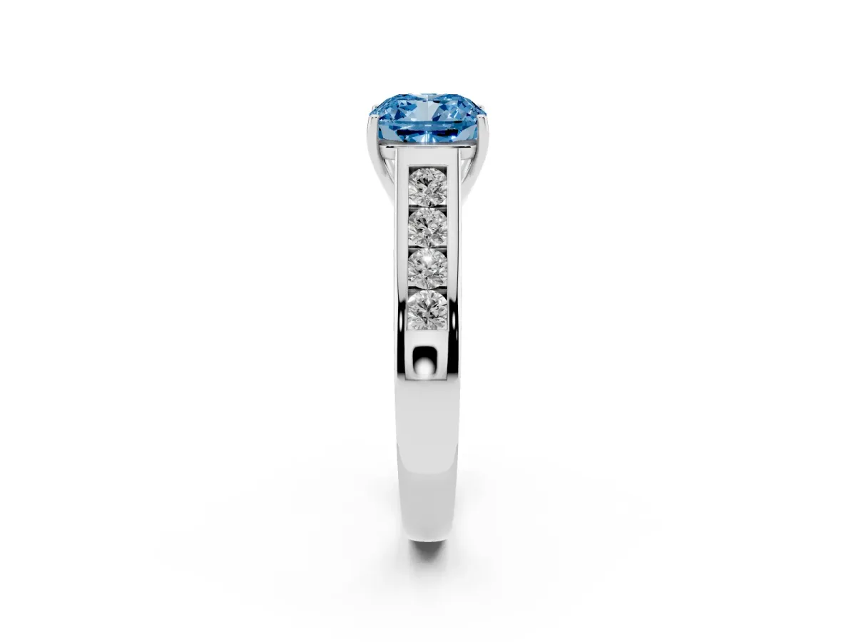 Fancy Blue Cushion Cut Brilliant Channel-Set Solitaire Ring with Four-Prong Setting Silver
