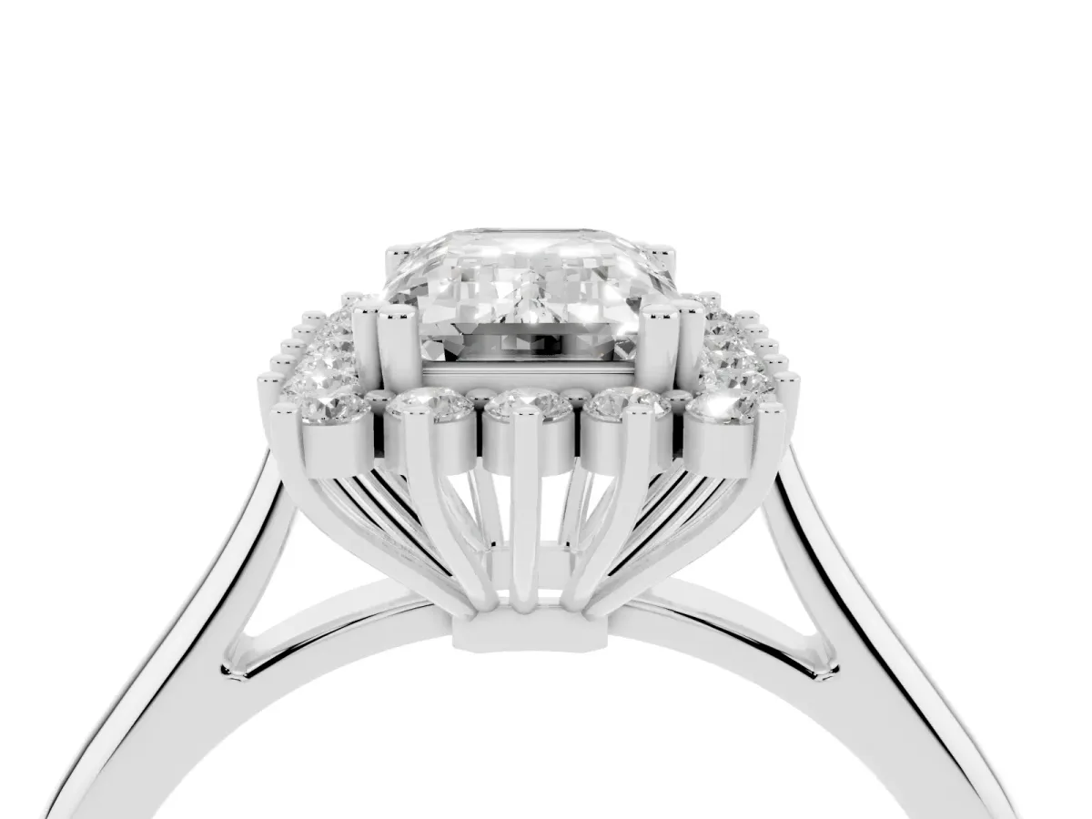 Emerald Cut Cut Diamond Halo Ring with Solitaire Band and Prong Setting Silver