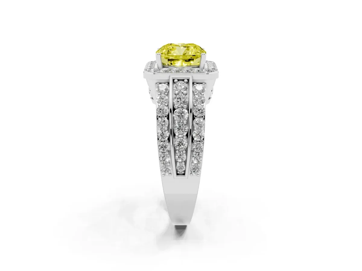 Fancy Yellow Cushion Cut Halo Diamond Ring with Round Split Shank and Prong Setting Silver
