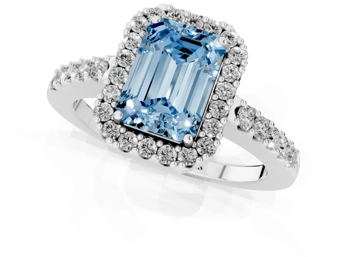 Fancy Blue Emerald Cut Halo Diamond Pavé Solitaire Ring Platinum