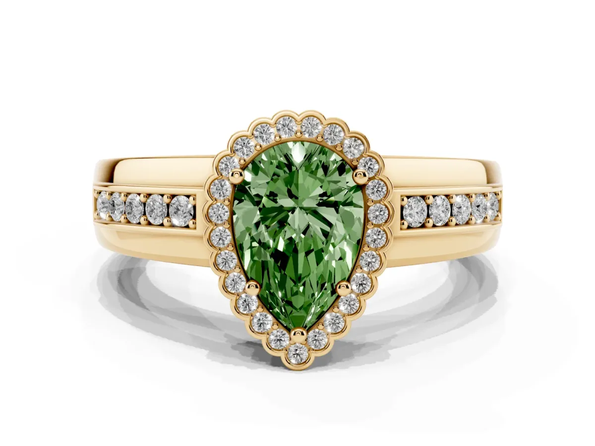 Fancy Green Pear Cut Cut Halo Pave Band Four-Prong Ring Yellow gold