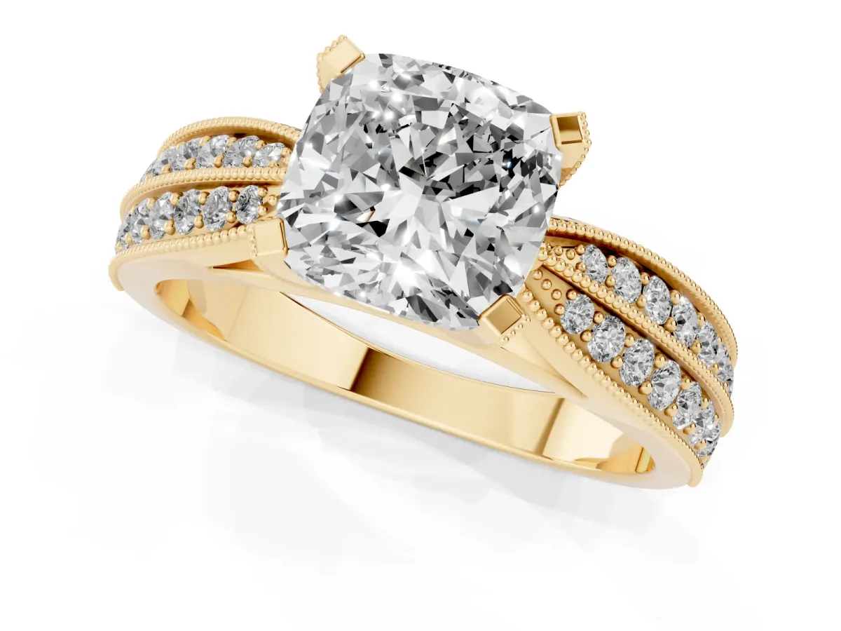 Cushion Cut Diamond Solitaire Ring with Milgrain Round Pavé Band and Prong Setting Yellow gold