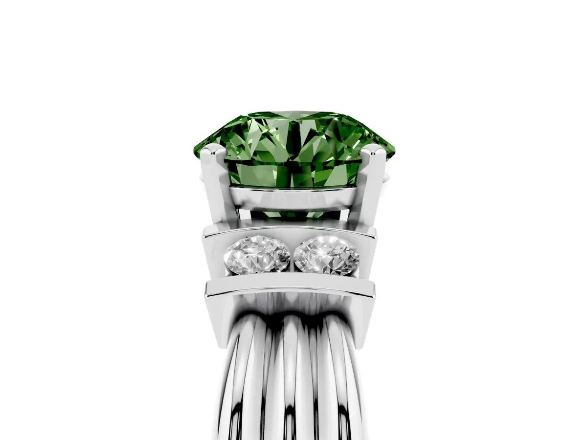 Fancy Green Round Cut Cut Three-Stone Channel Set Ring with Bar Prongs Silver
