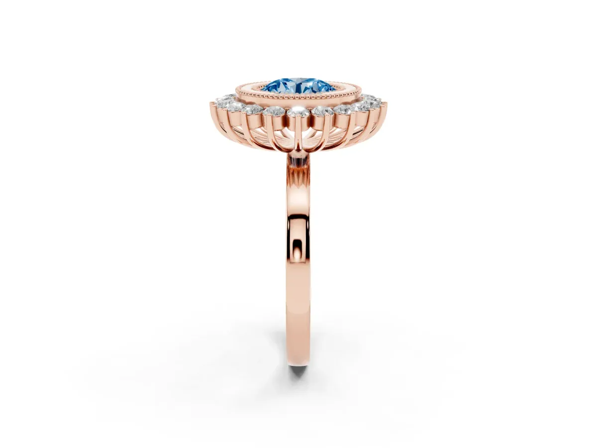 Fancy Blue Round Cut Halo Diamond Ring with Milgrain Edge and Round Prong Setting Rose gold