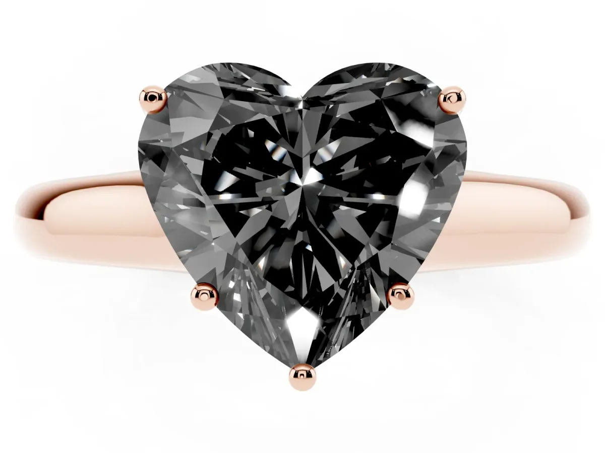 Fancy Black Heart Cut Cut Diamond Solitaire Engagement Ring with Tapered Plain Band and Four-Prong Setting Rose gold