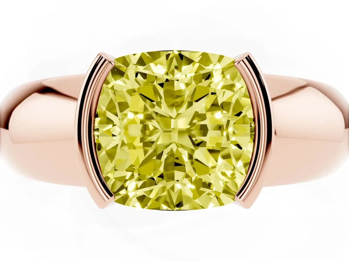 Fancy Yellow Cushion Cut Solitaire Tension Set Diamond Ring with Wide Band Rose gold