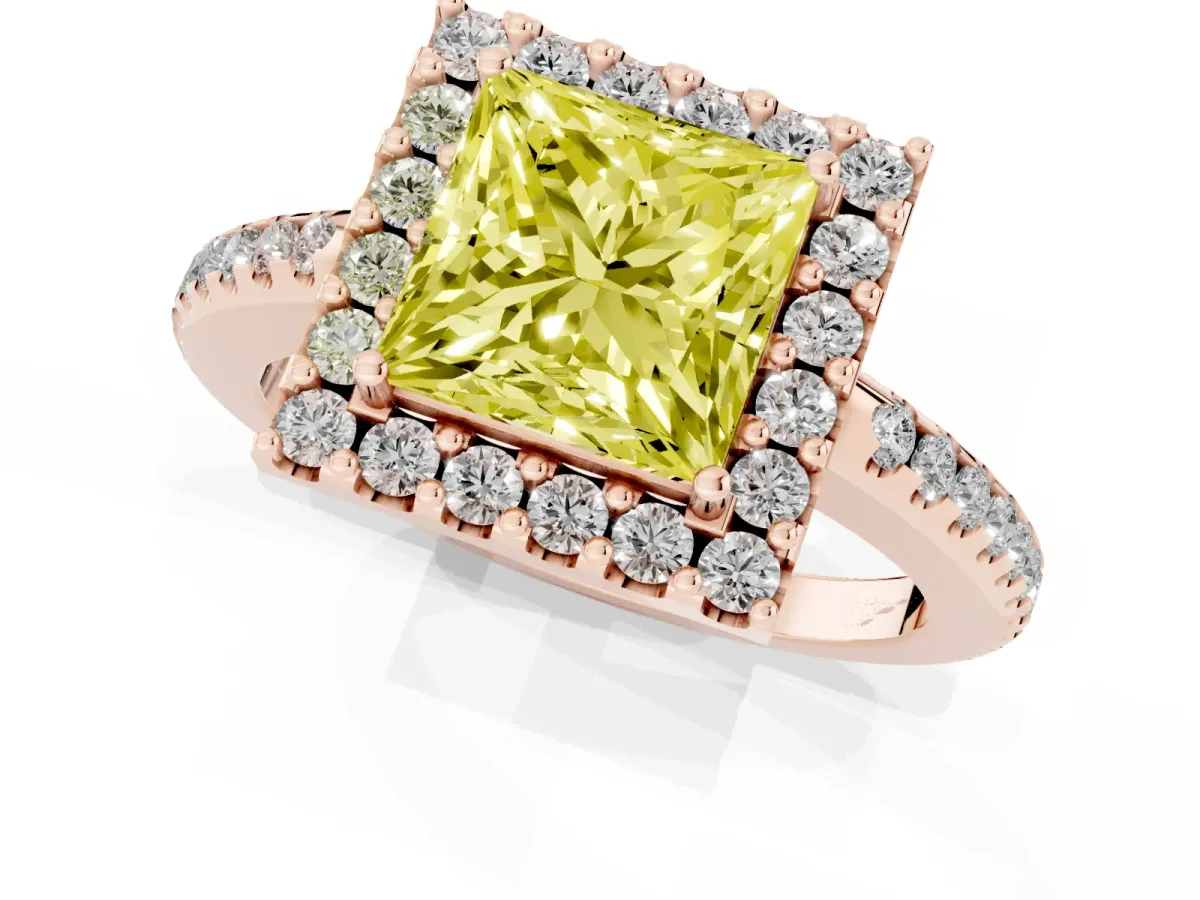 Fancy Yellow Princess Cut Diamond Pavé Halo Ring with Four-Prong Setting Rose gold
