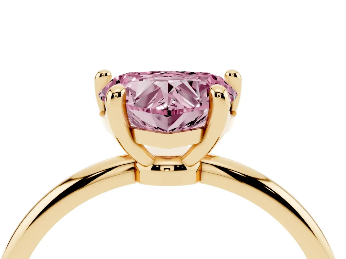 Fancy Pink Heart Cut Solitaire Diamond Ring with 4-Prong Setting on a Classic Band Yellow gold