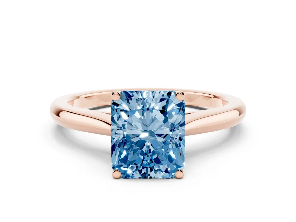 Fancy Blue Radiant Cut Cut Solitaire Ring with Cathedral Band and Four-Prong Setting Rose gold