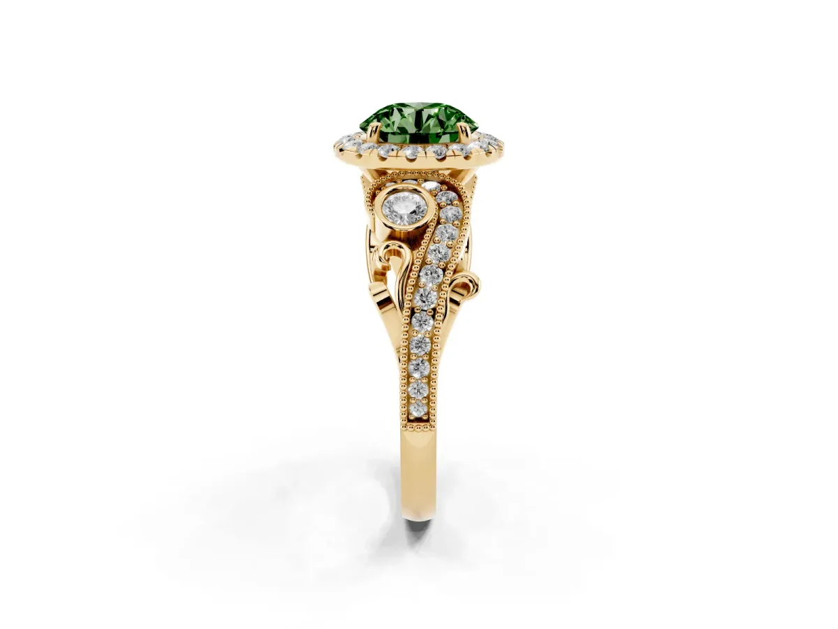Fancy Green Round Cut Diamond Halo Ring with Milgrain Pavé Band and Four-Prong Setting Yellow gold