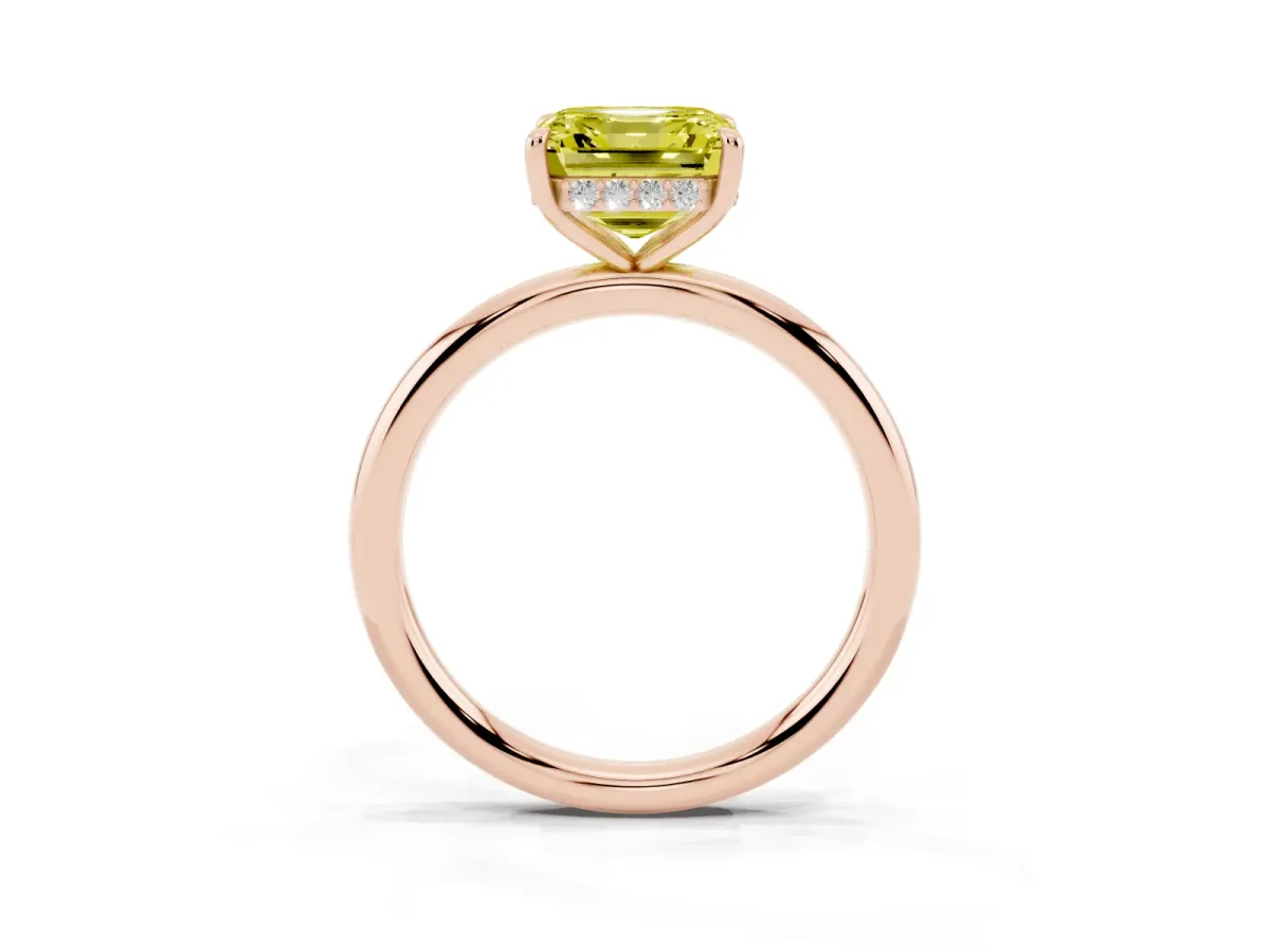 Fancy Yellow Asscher Cut Diamond Solitaire Ring with Thin Band and Four-Prong Setting Rose gold