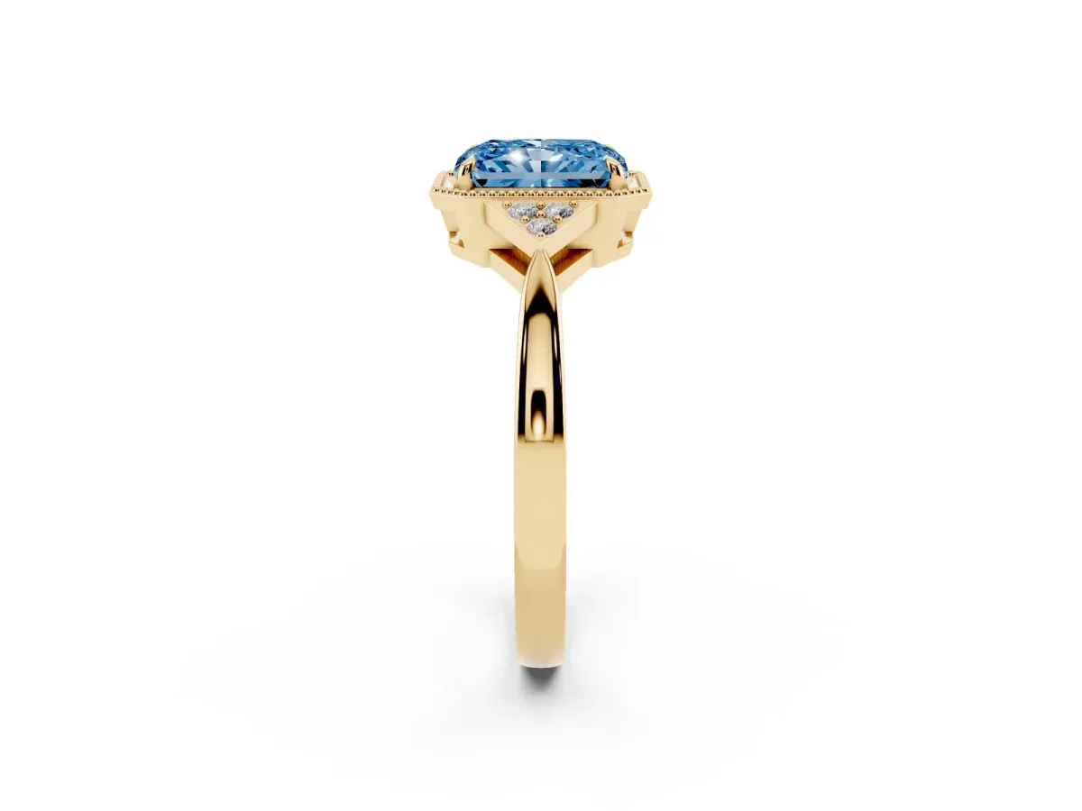 Fancy Blue Radiant Cut Diamond Halo Ring with Tapered Band and Four-Prong Setting Yellow gold
