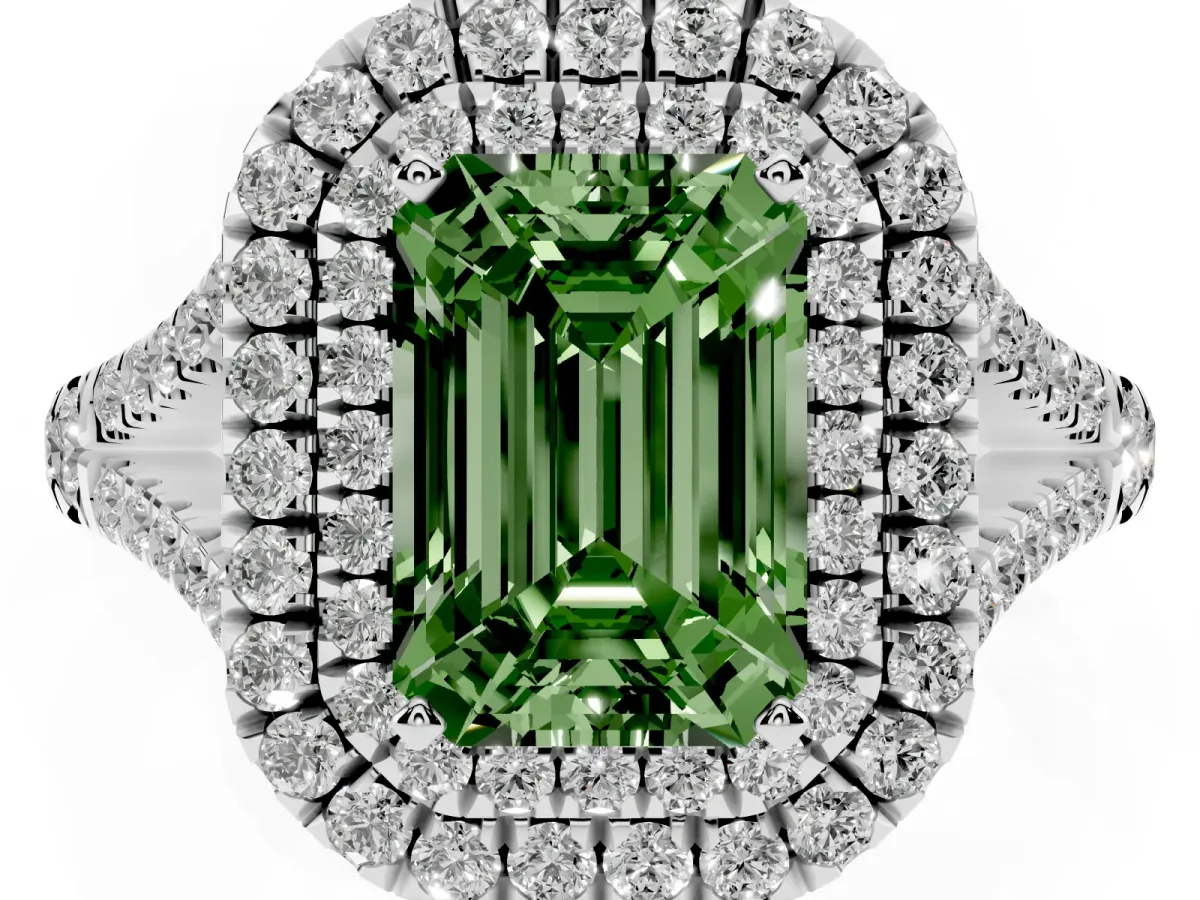 Fancy Green Emerald Cut Diamond Pavé Split Shank Double Halo Engagement Ring Silver