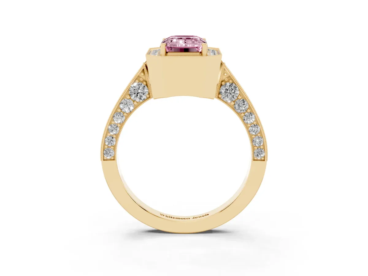 Fancy Pink Emerald Cut Halo Diamond Engagement Ring with Split Shank Band and Four-Prong Setting Yellow gold